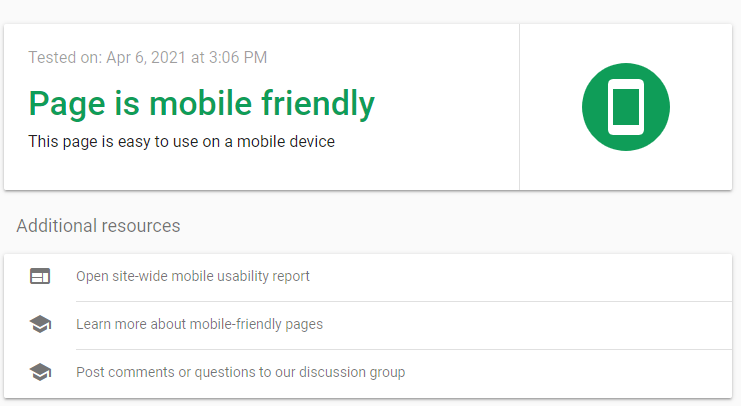 Page is mobile friendly message from Google's mobile friendly webpage tester